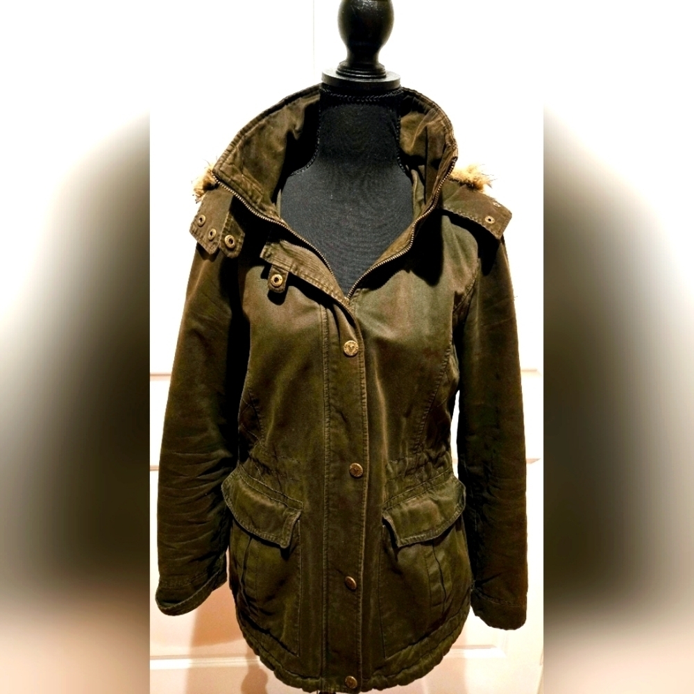 GUESS Y2K Military Zip Up Jacket Faux Fur Hood Army Green Sz Medium